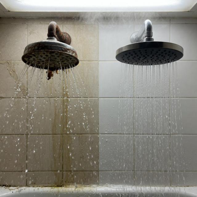 Shower head replacement — rusty leaking fixture replaced with modern clean rainfall head