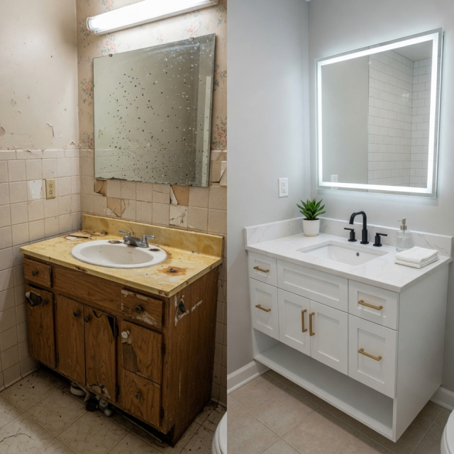 Bathroom vanity transformation — worn yellow cabinet replaced with modern white vanity and LED mirror